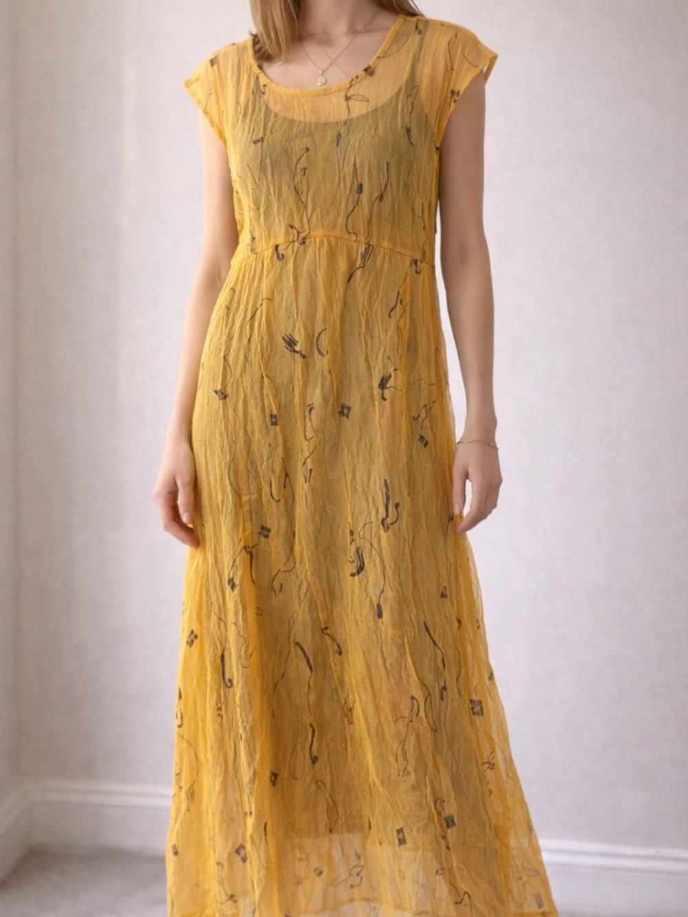 Zara Crinkle Sheer Maxi Dress Yellow Abstract Print Textured Mesh Overlay M